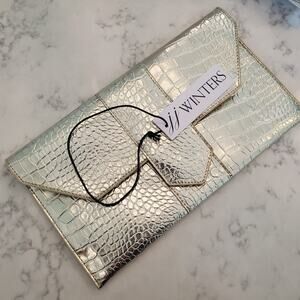 JJ Winters Nikki Vegan Leather Metallic Envelope Clutch Purse Bag Gold Party NWT